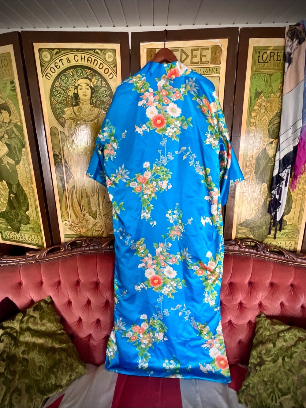Vintage 70s I. Magnin Floral Kimono Robe Blue Satin Dressing Gown Made in Japan - Picture 7 of 14